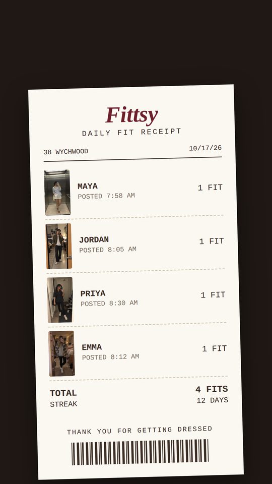 A Fittsy Receipt frame with four friends' outfits